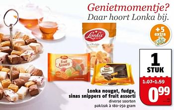 Aanbiedingen Lonka nougat, fudge, sinas snippers of fruit assorti - Lonka - Geldig van 29/05/2017 tot 05/06/2017 bij Poiesz