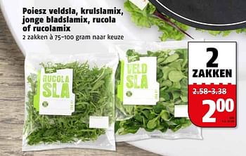 Aanbiedingen Poiesz veldsla, krulslamix, jonge bladslamix, rucola of rucolamix - Huismerk Poiesz - Geldig van 29/05/2017 tot 05/06/2017 bij Poiesz