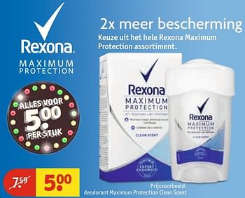 Aanbiedingen Deodorant maximum protection clean scent - Rexona - Geldig van 30/05/2017 tot 11/06/2017 bij Kruidvat