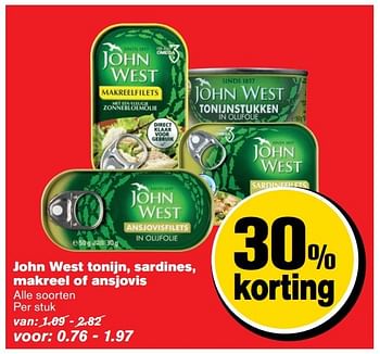 Aanbiedingen John west tonijn, sardines, makreel of ansjovis - John West - Geldig van 31/05/2017 tot 06/06/2017 bij Hoogvliet