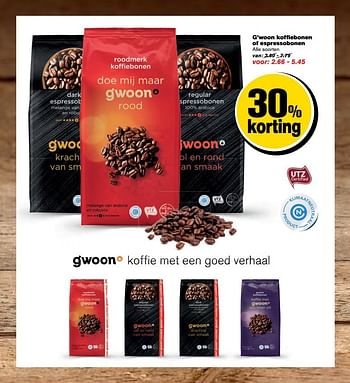 Aanbiedingen G`woon koffiebonen of espressobonen - Gâ€™woon - Geldig van 31/05/2017 tot 06/06/2017 bij Hoogvliet