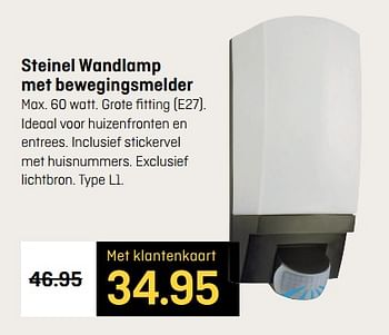 Aanbiedingen Steinel wandlamp met bewegingsmelder - Steinel - Geldig van 29/05/2017 tot 11/06/2017 bij Hubo