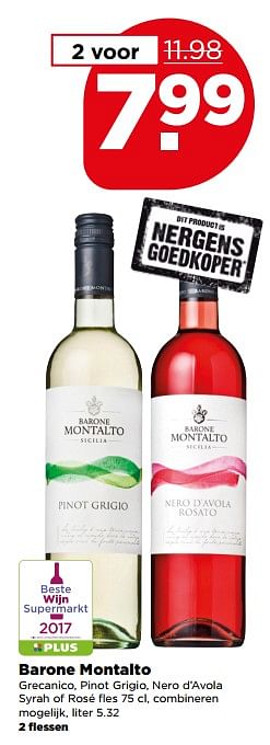 Aanbiedingen Barone montalto - Witte wijnen - Geldig van 04/06/2017 tot 10/06/2017 bij Plus