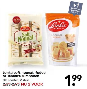 Aanbiedingen Lonka soft nougat, fudge of jamaica rumbonen - Lonka - Geldig van 04/06/2017 tot 10/06/2017 bij Em-té