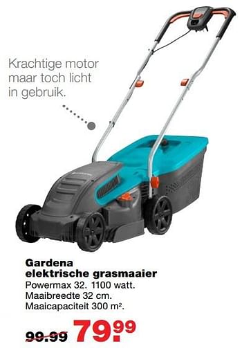 Aanbiedingen Gardena elektrische grasmaaier powermax 32 - Gardena - Geldig van 01/06/2017 tot 11/06/2017 bij Praxis