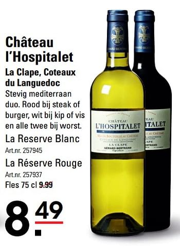 Aanbiedingen Château l`hospitalet la clape, coteaux du languedoc - Witte wijnen - Geldig van 01/06/2017 tot 19/06/2017 bij Sligro