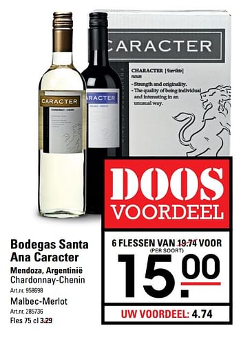 Aanbiedingen Bodegas santa ana caracter mendoza, argentinië chardonnay-chenin - Witte wijnen - Geldig van 01/06/2017 tot 19/06/2017 bij Sligro