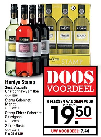 Aanbiedingen Hardys stamp south australia chardonnay-sémillon - Witte wijnen - Geldig van 01/06/2017 tot 19/06/2017 bij Sligro