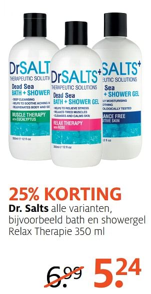 Aanbiedingen Bath en showergel relax therapie - Dr Salts - Geldig van 05/06/2017 tot 18/06/2017 bij Etos