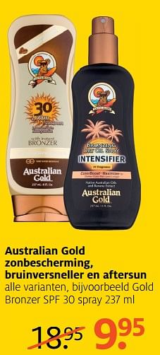 Aanbiedingen Gold bronzer spf 30 spray - Australian Gold - Geldig van 05/06/2017 tot 18/06/2017 bij Etos