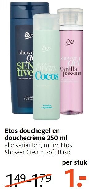 Aanbiedingen Etos douchegel en douchecrème shower cream soft basic - Huismerk - Etos - Geldig van 05/06/2017 tot 18/06/2017 bij Etos