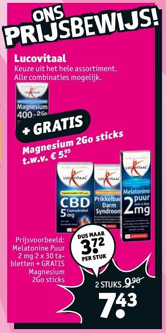 Aanbiedingen Melatonine puur tabletten + gratis magnesium 2go sticks - Lucovitaal - Geldig van 06/06/2017 tot 11/06/2017 bij Kruidvat
