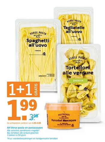 Aanbiedingen Ah verse pasta en pastasauzen , tortelloni alle verdure groenten - Huismerk - Albert Heijn - Geldig van 06/06/2017 tot 11/06/2017 bij Albert Heijn