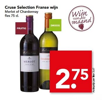 Aanbiedingen Cruse selection franse wijn merlot of chardonnay - Rode wijnen - Geldig van 04/06/2017 tot 10/06/2017 bij Deen Supermarkten