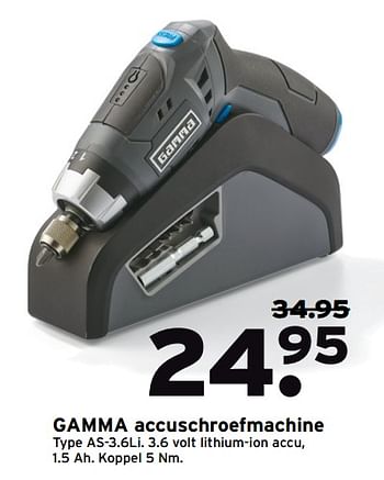 Aanbiedingen Gamma accuschroefmachine type as-3.6li - Huismerk - Gamma - Geldig van 06/06/2017 tot 11/06/2017 bij Gamma