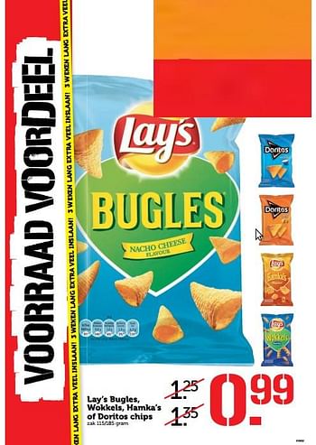 Aanbiedingen Lay`s bugles, wokkels, hamka`s of doritos chips - Lay's - Geldig van 05/06/2017 tot 11/06/2017 bij Coop