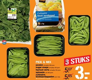 Aanbiedingen Pick + mix peulen of sugar snaps of haricot verts of spinazie of culinaire kookaardappelen - Huismerk - Coop - Geldig van 05/06/2017 tot 11/06/2017 bij Coop