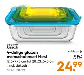 Aanbiedingen 4-delige glazen ovenschalenset nest - Joseph Joseph - Geldig van 03/06/2017 tot 18/06/2017 bij Blokker