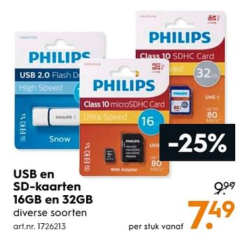 Aanbiedingen Philips usb en sd-kaarten 16gb en 32gb - Philips - Geldig van 03/06/2017 tot 18/06/2017 bij Blokker