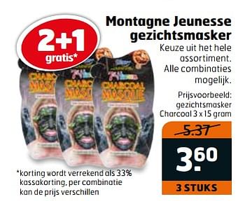 Aanbiedingen Gezichtsmasker charcoal - Montagne Jeunesse - Geldig van 06/06/2017 tot 18/06/2017 bij Trekpleister