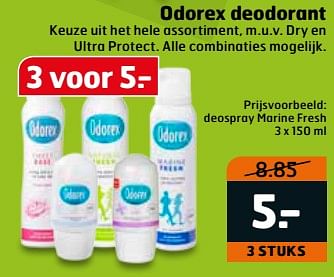 Aanbiedingen Deospray marine fresh - Odorex - Geldig van 06/06/2017 tot 18/06/2017 bij Trekpleister