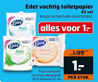 Aanbiedingen Vochtig toiletpapier rich almond 42 vel - Edet - Geldig van 06/06/2017 tot 18/06/2017 bij Trekpleister
