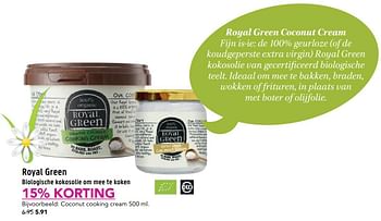 Aanbiedingen Coconut cooking cream - Royal Green - Geldig van 06/06/2017 tot 18/06/2017 bij D.I.O. Drogist