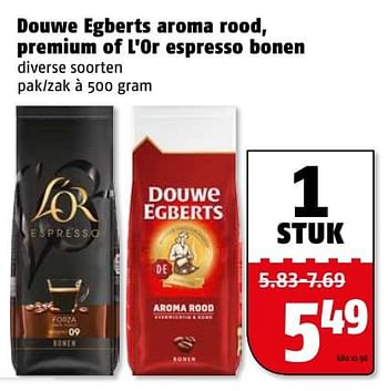 Aanbiedingen Douwe egberts aroma rood, premium of l`or espresso bonen - Douwe Egberts - Geldig van 06/06/2017 tot 11/06/2017 bij Poiesz
