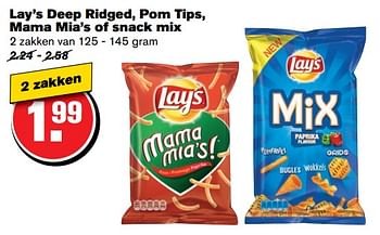 Aanbiedingen Lay`s deep ridged, pom tips, mama mia`s of snack mix - Lay's - Geldig van 07/06/2017 tot 13/06/2017 bij Hoogvliet