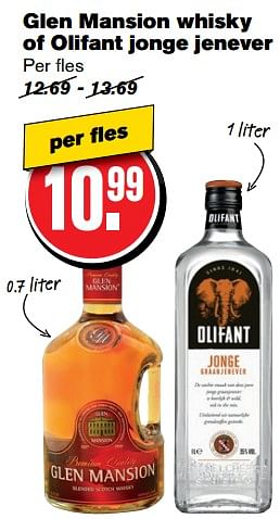 Aanbiedingen Glen mansion whisky of olifant jonge jenever - Huismerk - Hoogvliet - Geldig van 07/06/2017 tot 13/06/2017 bij Hoogvliet