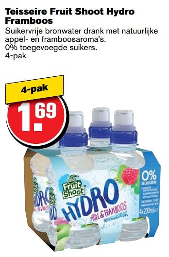 Aanbiedingen Teisseire fruit shoot hydro framboos - Teisseire - Geldig van 07/06/2017 tot 13/06/2017 bij Hoogvliet