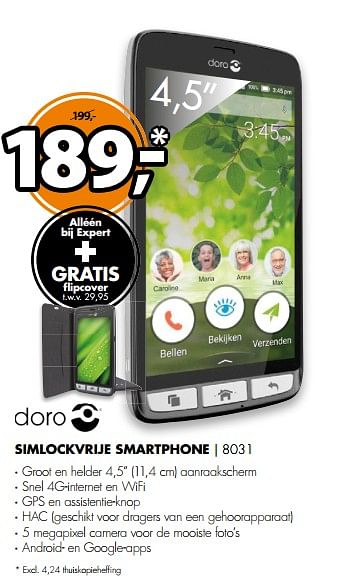 Aanbiedingen Doro simlockvrije smartphone 8031 - Doro - Geldig van 10/06/2017 tot 18/06/2017 bij Expert