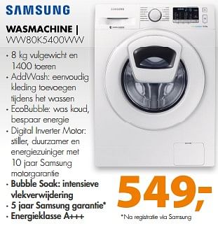 Aanbiedingen Samsung wasmachine ww80k5400ww - Samsung - Geldig van 10/06/2017 tot 18/06/2017 bij Expert