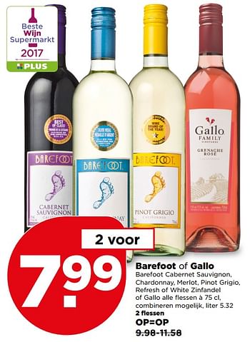 Aanbiedingen Barefoot of gallo - Witte wijnen - Geldig van 11/06/2017 tot 17/06/2017 bij Plus