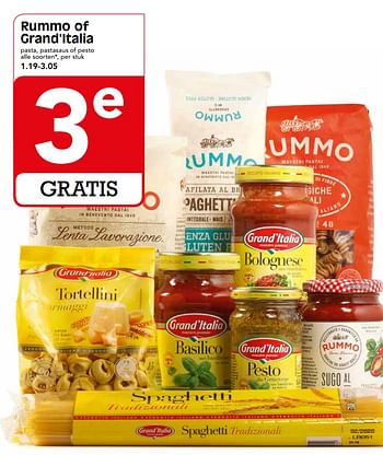 Aanbiedingen Rummo of grand`italia pasta, pastasaus of pesto alle soorten - Huismerk - Em-té - Geldig van 11/06/2017 tot 17/06/2017 bij Em-té
