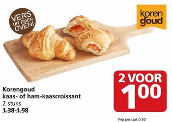 Aanbiedingen Korengoud kaas- of ham-kaascroissant - Korengoud - Geldig van 12/06/2017 tot 18/06/2017 bij Jan Linders