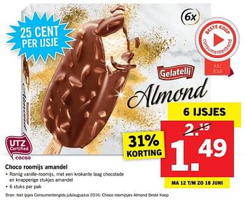 Aanbiedingen Choco roomijs amandel - Gelatelli - Geldig van 12/06/2017 tot 18/06/2017 bij Lidl