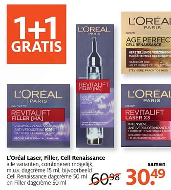 Aanbiedingen L`oréal laser, filler, cell renaissance - L'Oreal Paris - Geldig van 12/06/2017 tot 18/06/2017 bij Etos