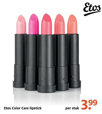 Aanbiedingen Etos color care lipstick - Huismerk - Etos - Geldig van 12/06/2017 tot 18/06/2017 bij Etos