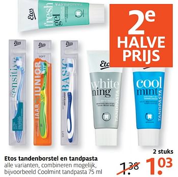 Aanbiedingen Etos tandenborstel en tandpasta - Huismerk - Etos - Geldig van 12/06/2017 tot 18/06/2017 bij Etos