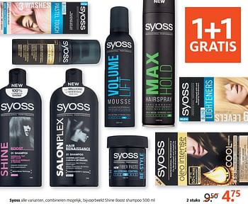 Aanbiedingen Syoss alle varianten, combineren mogelijk, bijvoorbeeld shine boost shampoo - Syoss - Geldig van 12/06/2017 tot 18/06/2017 bij Etos