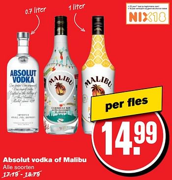 Aanbiedingen Absolut vodka of malibu - Absolut - Geldig van 14/06/2017 tot 20/06/2017 bij Hoogvliet