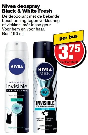 Aanbiedingen Nivea deospray black + white fresh - Nivea - Geldig van 14/06/2017 tot 20/06/2017 bij Hoogvliet