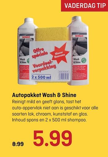 Aanbiedingen Autopakket wash + shine - Sonax - Geldig van 12/06/2017 tot 25/06/2017 bij Multimate