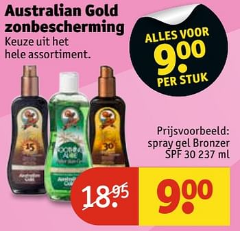 Aanbiedingen Spray gel bronzer spf 30 - Australian Gold - Geldig van 13/06/2017 tot 25/06/2017 bij Kruidvat