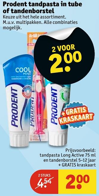Aanbiedingen Tandpasta long active en tandenborstel + gratis kraskaart - Prodent - Geldig van 13/06/2017 tot 25/06/2017 bij Kruidvat