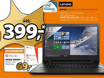 Aanbiedingen Lenovo laptop ideapad 110-15ibr 80t7008hmh - Lenovo - Geldig van 17/06/2017 tot 25/06/2017 bij Expert
