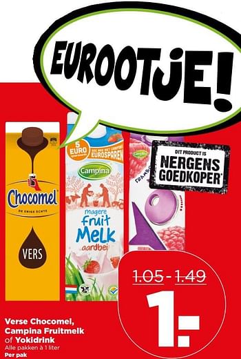 Aanbiedingen Verse chocomel, campina fruitmelk of yokidrink - Huismerk - Plus - Geldig van 18/06/2017 tot 24/06/2017 bij Plus