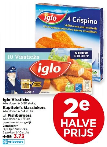 Aanbiedingen Iglo vissticks kapitein`s klassiekers of fishburgers - Iglo - Geldig van 18/06/2017 tot 24/06/2017 bij Plus