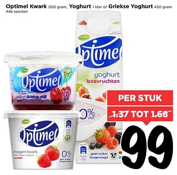 Aanbiedingen Optimel kwark yoghurt of griekse yoghurt - Optimel - Geldig van 18/06/2017 tot 24/06/2017 bij Vomar